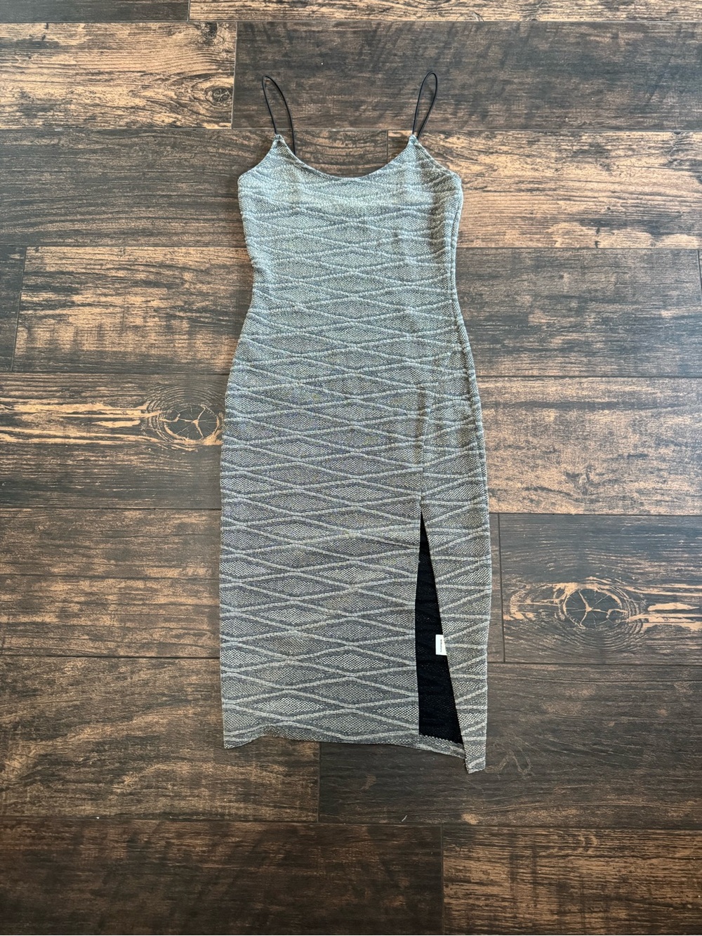Sleeveless Gray Patterned Knit Midi Dress with Side Slit